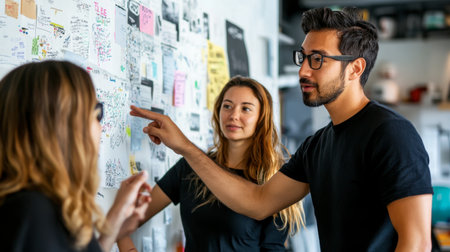 A diverse team engages in a brainstorming session in a modern workspace, using visuals and notes to enhance creativity and collaboration among professionals.の素材