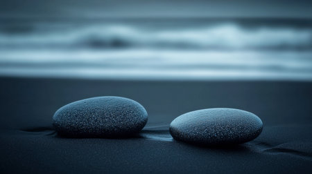 A pair of smooth stones rests on a dark shoreline, capturing the calming essence of nature. The gentle waves create a serene atmosphere at dusk.の素材