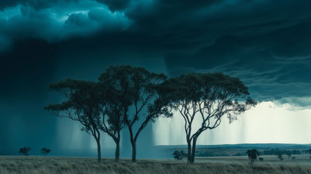 A dramatic view of stormy skies looming over silhouetted trees. The image captures the mood of an approaching rain, heralding natureの素材