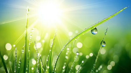 Capture the beauty of nature with morning dew on vibrant grass blades, illuminated by sunlight, creating a serene and refreshing outdoor scene.の素材