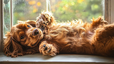 A charming dog lying relaxed in a sunlit window, showcasing its playful nature. The warm embrace of sunlight creates a cozy atmosphere, perfect for pet lovers.の素材
