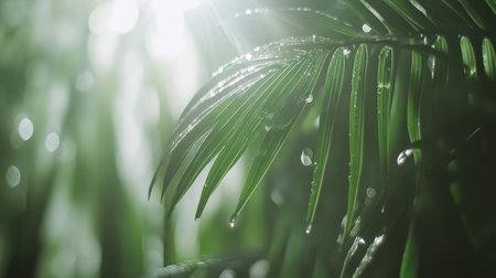 Captivating close-up of lush green leaves adorned with water drops, beautifully illuminated by soft sunlight, creating a serene and refreshing atmosphere.の素材