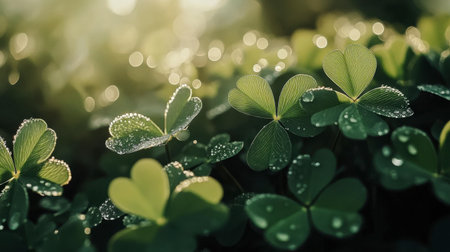 A close-up image of dewy green leaves illuminated by sunlight, showcasing water droplets and a vibrant, tranquil atmosphere. Perfect for nature themes.の素材