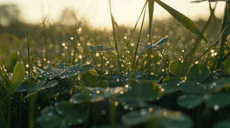 This serene image captures dewy clovers illuminated by morning light. The glistening droplets enhance the beauty and freshness of nature, creating a tranquil atmosphere.の素材