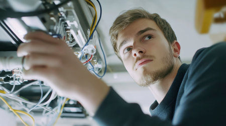 A young technician focused on electrical equipment, working with wires and tools. The image captures the essence of hands-on technical expertise in a modern workspace.の素材