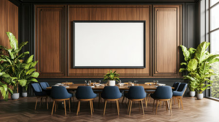 A modern conference room featuring a wooden design, elegant furniture, and lush plants, perfect for professional meetings and presentations in style.の素材