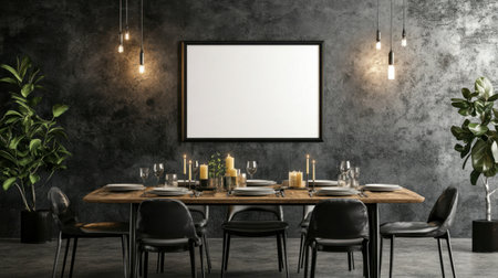 A beautifully arranged modern dining room featuring elegant table settings, warm lighting, and decorative plants, perfect for gatherings and dining experiences.の素材