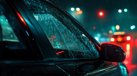 A close-up view of rain droplets on a car window at night, capturing an urban atmosphere with blurred traffic lights and reflections, creating a moody scene.の素材