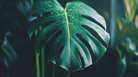 A stunning close-up of a lush monstera leaf adorned with dew drops, set against a soft-focused background. Perfect for nature and decor themes.の素材