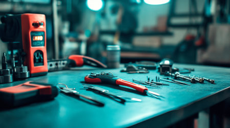 A well-organized workspace featuring various tools on a table. This image captures the essence of craftsmanship and precision in a mechanic's workshop.の素材