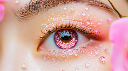 A close-up of a captivating eye adorned with sparkling details, water droplets, and floral accents. The composition exudes beauty and creativity, perfect for artistic projects.の素材