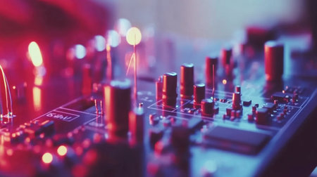 Close-up view of colorful electronic music equipment showcasing vibrant lights and intricate controls, emphasizing creativity and sound production in a modern setting.の素材
