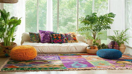 A vibrant bohemian living room featuring colorful cushions, bright patterns, and lush plants. Sunlight floods the space, creating a warm atmosphere perfect for relaxation.の素材