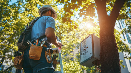 A technician ascends a ladder, equipped with tools, in a sunlit park. Surrounded by trees, he performs maintenance on a utility box, showcasing outdoor work.の素材