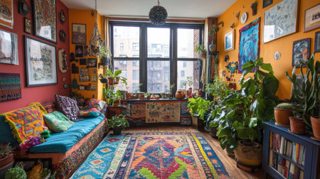 A cozy living room filled with vibrant plants and colorful art. Natural light pours in through large windows, creating a welcoming atmosphere with artistic decor.の素材