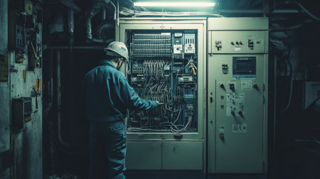 A technician inspects an electrical control panel in a dimly lit industrial environment. The scene captures the complexities of wiring and machinery maintenance.の素材
