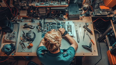 A skilled technician focused on repairing a circuit board in a well-equipped workshop. Surrounded by tools and components, the scene captures the essence of technology and craftsmanship.の素材