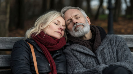 A serene moment capturing an elderly couple nestled together in a park. Their closed eyes and relaxed expressions reflect a deep bond and tranquility.の素材