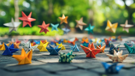 Bright and vibrant origami stars scatter across a picturesque path surrounded by greenery, adding a whimsical touch to the serene outdoor atmosphere.の素材