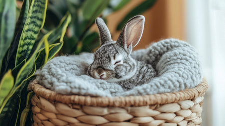 A cute rabbit peacefully sleeps in a cozy basket, surrounded by soft textures and greenery. This serene image captures the adorable charm of a beloved pet.の素材