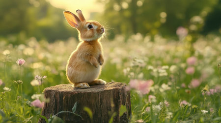 A cute bunny poses on a wooden stump amidst a vibrant flower field, capturing the essence of a tranquil spring day in nature's beauty.の素材