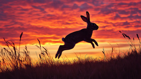 A striking silhouette of a rabbit leaping through tall grass at sunset. The vibrant colors of the sky create a stunning backdrop for nature lovers and wildlife enthusiasts.の素材