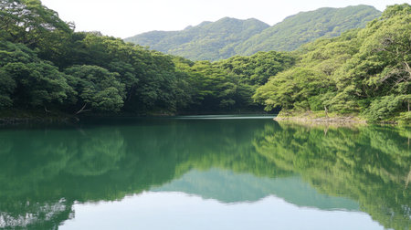 This serene lake view showcases lush greenery and reflective water, creating a peaceful environment. Ideal for nature lovers and travel enthusiasts.の素材