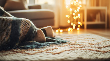 A cozy living room scene featuring a soft blanket draped over feet, illuminated by warm lights. Perfect for evoking feelings of relaxation and comfort.の素材
