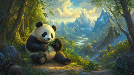 A charming panda peacefully munching on bamboo in a lush forest landscape, surrounded by majestic mountains and serene natural beauty. Perfect for wildlife lovers!の素材