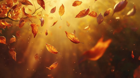 A captivating scene of autumn leaves drifting gracefully through golden sunlight, creating a warm and tranquil atmosphere in the forest. Perfect for nature themes.の素材