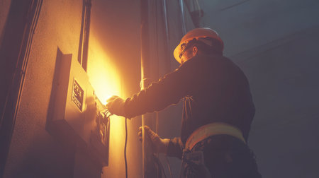 A skilled electrician performs maintenance on a control panel in a dimly lit industrial space, showcasing safety and professionalism in technical work.の素材