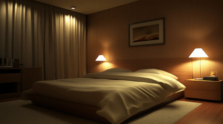 This image showcases a cozy bedroom featuring soft lighting, a comfortable bed, and minimal decor, perfect for creating a peaceful atmosphere.の素材