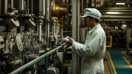 A focused worker in a factory setting engages with machinery and steam. This image portrays the essence of industrial labor and technology in action.の素材
