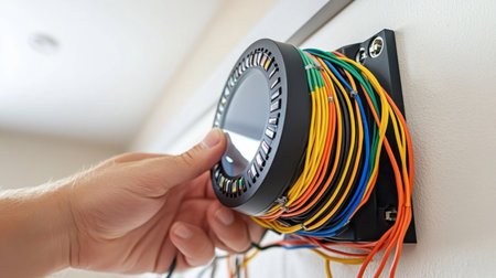 Close-up of a hand interacting with a colorful wiring setup on a control panel, showcasing technology and craftsmanship in electrical installation.の素材