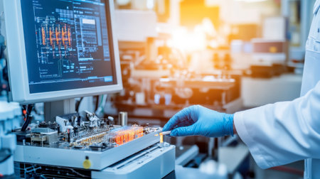 A laboratory technician in a white coat and gloves focuses on a circuit board under a computer monitor, showcasing technology and precision in a research setting.の素材