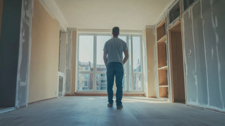A man stands in an empty room filled with natural light, reflecting on the possibilities of his future. The space is renovated with bare walls and flooring, offering a peaceful atmosphere.の素材