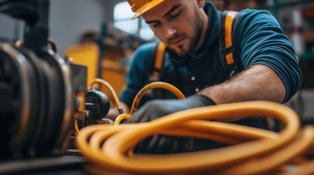 A focused worker in a workshop connects equipment with a yellow cable. The image highlights manual labor, precision, and dedication in an industrial setting.の素材