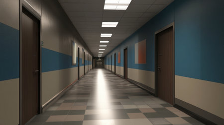 A modern hospital corridor featuring colorful walls and clean tiles. The spacious design highlights empty rooms along a well-lit path, enhancing a sterile environment.の素材