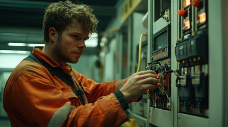 A technician works diligently on a control panel in an industrial environment, showcasing expertise in electronics and maintenance tasks.の素材