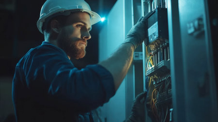 A skilled electrician focuses intently on a circuit panel, utilizing tools and safety gear in a dimly lit environment, highlighting the importance of precision in electrical work.の素材
