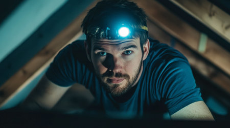 A man explores a dimly lit attic using a headlamp, portraying curiosity and a sense of adventure in a home environment. Perfect for DIY or inspection themes.の素材