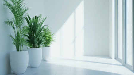 A serene indoor space featuring lush green plants in white pots, bathed in natural light. Ideal for conveying tranquility and modern design.の素材