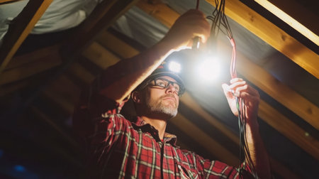 A focused electrician works in an attic while handling wires and cables. Bright lights illuminate the space as he performs essential electrical tasks safely.の素材