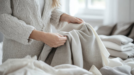 A pair of hands delicately selecting soft fabric textiles in neutral tones, showcasing a cozy and inviting atmosphere perfect for home decor and design inspiration.の素材