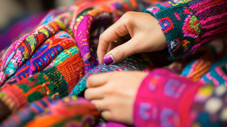 A close-up view of a colorful knitwear piece showcases intricate patterns and textures. The hands gently interact with the vibrant fabric, illustrating creativity and craftsmanship in textile art.の素材
