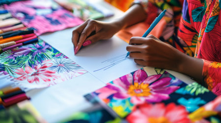 A vibrant scene showcasing hands drawing floral patterns on paper, surrounded by colorful markers and fabric swatches, capturing artistic creativity and inspiration.の素材