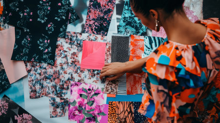 A woman thoughtfully selects from a variety of vibrant textile patterns displayed on a colorful collage, showcasing creativity and design inspiration in a workspace setting.の素材