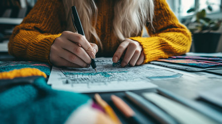 A focused individual sketches on paper with a bold pen, surrounded by vibrant materials and art supplies, showcasing the beauty of creativity in a cozy workspace.の素材