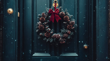 A beautifully arranged holiday wreath featuring pine cones and a red bow, hung on a dark door, with gentle snowflakes creating a serene winter atmosphere.の素材