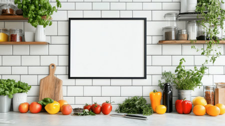 Bright kitchen scene featuring fresh vegetables and herbs arranged on a counter, with a blank frame on the wall, perfect for culinary inspiration and home cooking.の素材